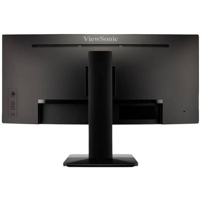 Rückansicht eines schwarzen ViewSonic-Monitors mit schlankem Ständer, zeigen keine Anschlüsse oder sichtbare Tasten.