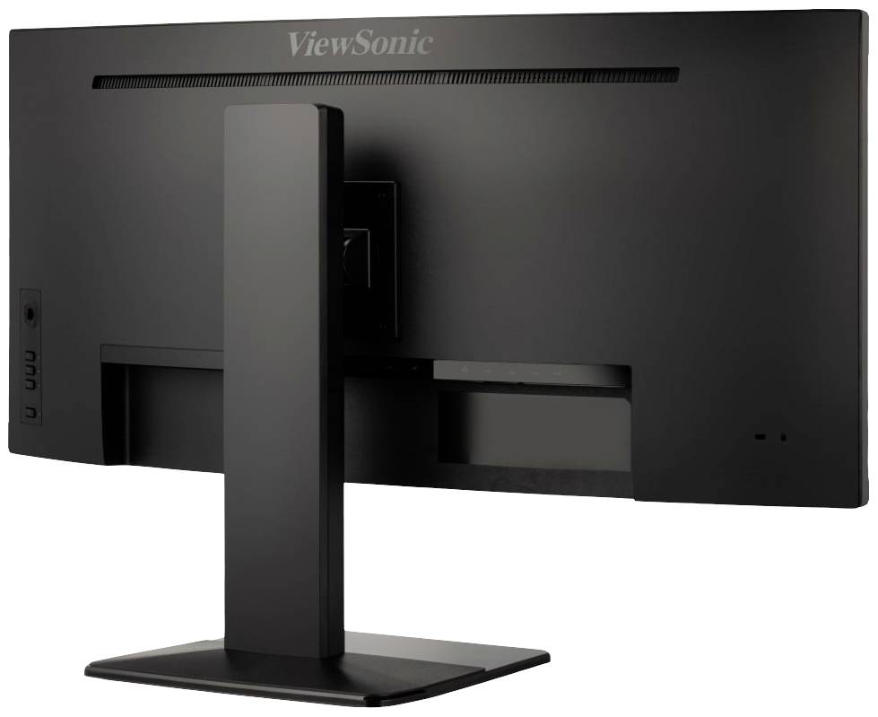 'ViewSonic-Monitor von hinten, zeigt Standfuß und Anschlüsse, schlichtes schwarzes Design. Kein Bildschirminhalt sichtbar.'