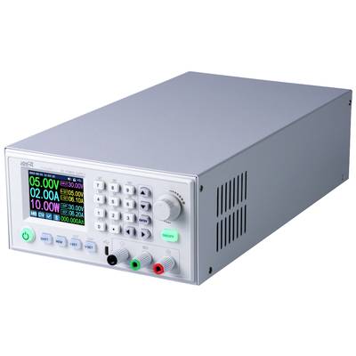 Elektronisches Laborgerät mit Display zur Anzeige von Spannung, Strom und Leistung. Verschiedene Anschlüsse und Bedienelemente vorhanden.