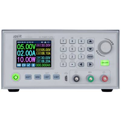 Ein digitales Labornetzgerät mit Farbdisplay zeigt Messwerte: Spannung 5,00V, Strom 2,00A, Leistung 10,00W. Tasten zur Steuerung sind sichtbar.