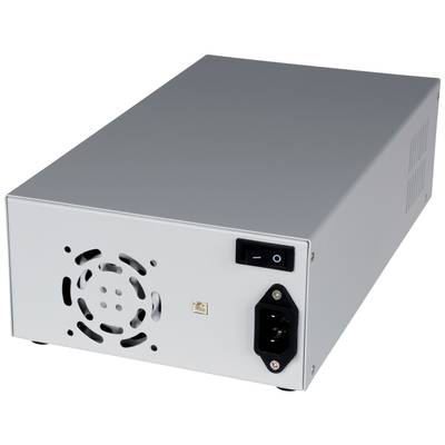 Ein silbernes Computer-Netzteil mit Lüfteröffnung, Netzschalter und Stromanschluss auf der Rückseite.