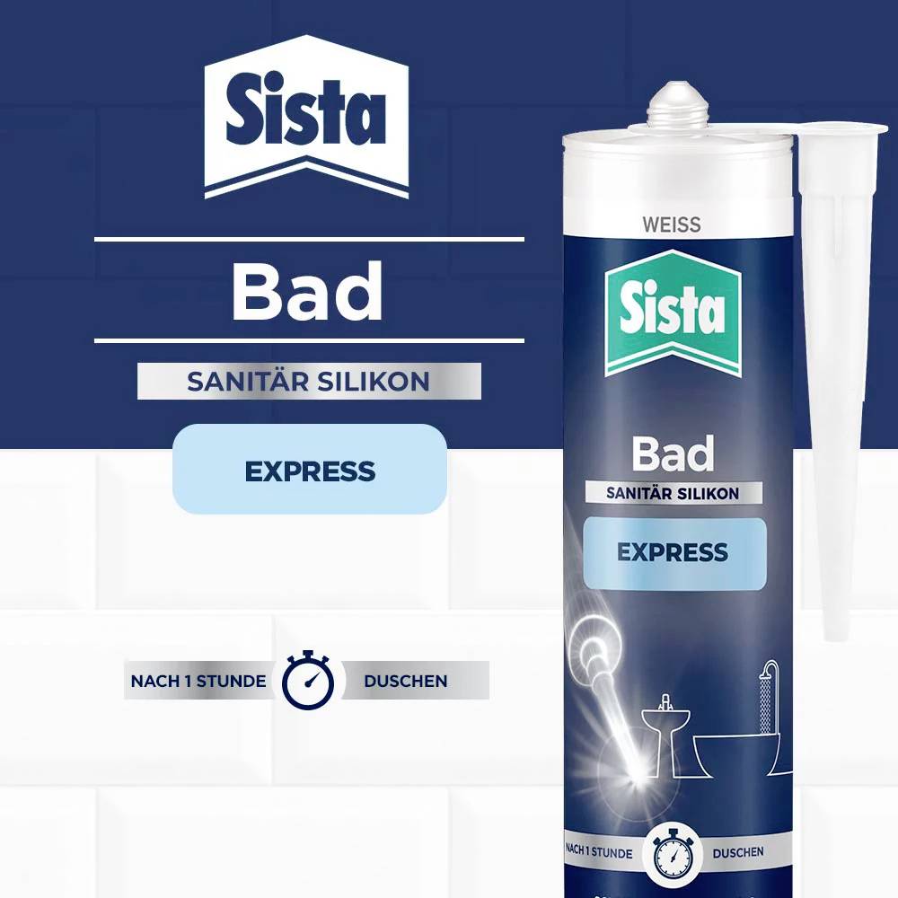 Kartusche mit Sanitärsilikon der Marke Sista, speziell für das Bad, 1 Stunde Trocknungszeit, geeignet für Dusche, weiß.