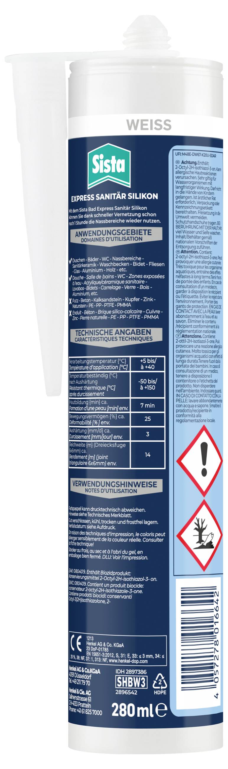 Tube mit 280 ml weißem Sanitärsilikon der Marke Sista, mit Sicherheits- und Anwendungsinformationen auf Rückseite.