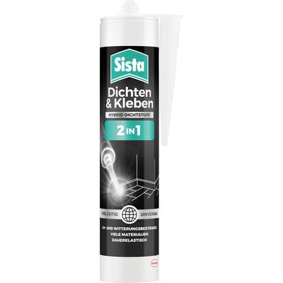Tube für 'Sista Dichten & Kleben 2 in 1'. Enthält Hybrid-Dichtstoff, vielseitig, universell, UV- und witterungsbeständig, für viele Materialien.