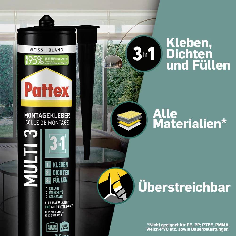 'Pattex Multi 3' Montagekleber in schwarzer Tube vor einem Fenster, bewirbt 3-in-1 Funktionen: kleben, dichten, füllen. Überstreichbar.