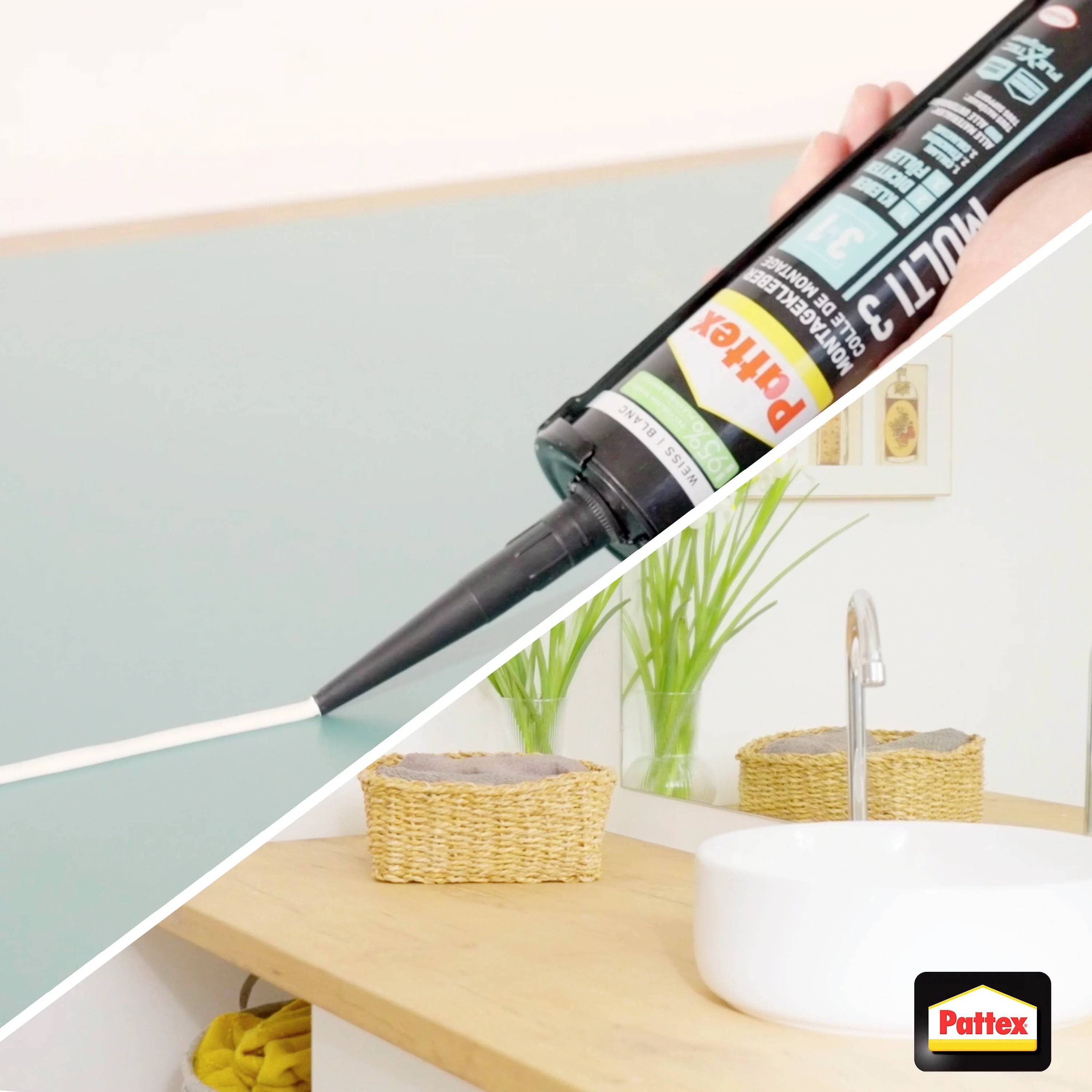 Ein Sanitärbereich wird mit Dichtmasse abgedichtet. Eine Hand hält eine Tube mit der Aufschrift 'Pattex'. Ein Waschbecken steht auf einer Holzplatte.