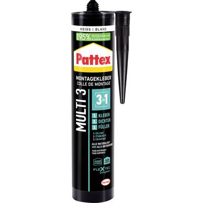 'Pattex Montagekleber Multi3' Tube mit schwarzem Design. Markiert '3-in-1': Kleben, Dichten, Füllen. Geeignet für alle Materialien.