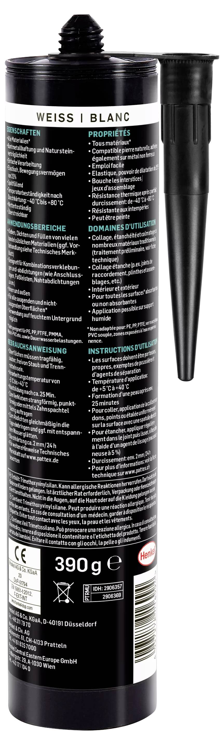 Kartusche mit schwarzem Etikett für Dichtmasse in der Farbe Weiß. Text beschreibt Produktmerkmale, Anwendungshinweise und Sicherheitsinformationen.