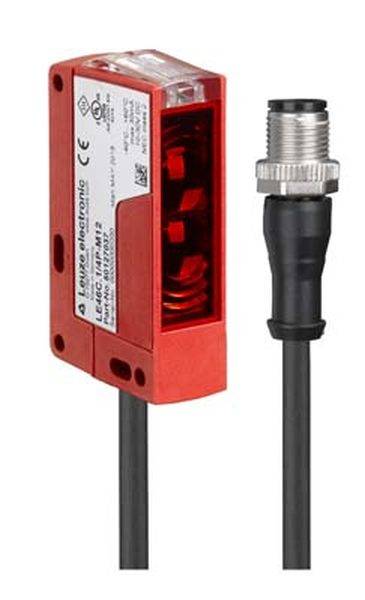 Ein rechteckiger, roter optischer Sensor mit Kabelverbindung, seitlicher Anschluss und Modellnummer 'Lec2 G4M1-2'.