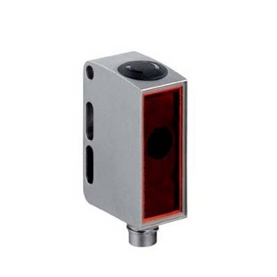 Ein rechteckiger Metallsensor mit rotem Lichtfenster und einer schwarzen Linse an der Oberseite, verwendet in Automatisierungstechnik.