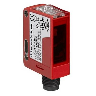 Ein roter optischer Sensor von Leuze electronic, Modell PRK25C/4P-M12, zum Erkennen von Objekten. Gesundheits- und Sicherheitsmarkierungen sind abgebildet.