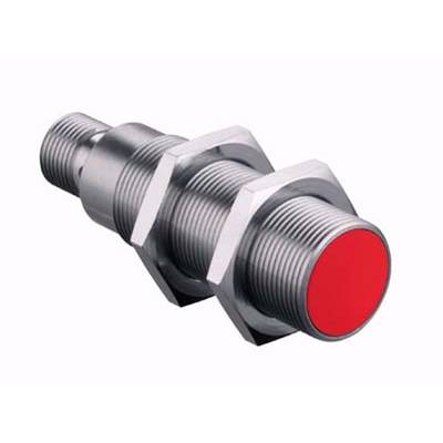 Ein zylindrischer Metallsensor mit rotem Ende und Schraubgewinde, mutmaßlich für industrielle Anwendungen.