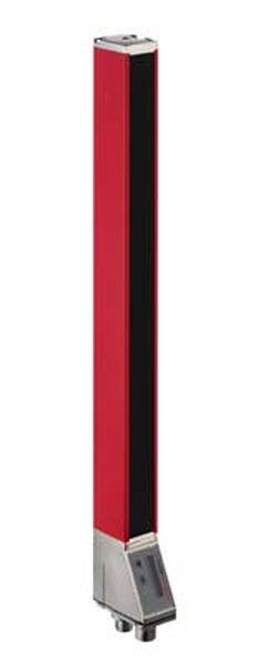 Roter, länglicher Sensor mit schwarzem Streifen in der Mitte, montiert auf einem grauen Sockel, vermutlich Teil eines Sicherheitssystems.
