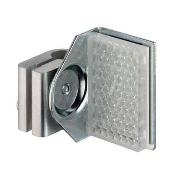 Ein metallisches Befestigungselement mit einer transparenten, strukturierten Fläche und Schraubenhalterung, geeignet für Möbelmontage.