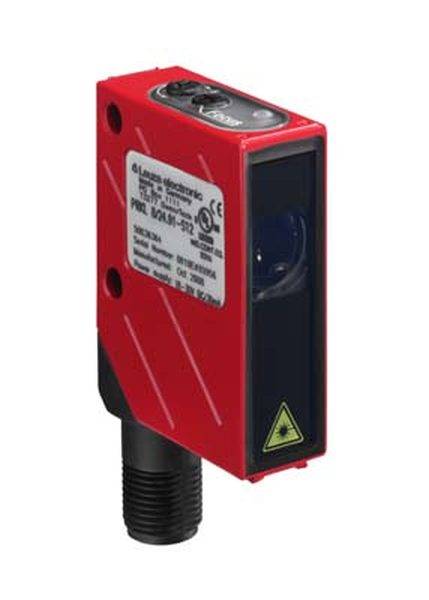 Ein roter optoelektronischer Sensor mit CE-Kennzeichnung und einem Sichtfenster zur Erkennung von Objekten in industriellen Anwendungen.