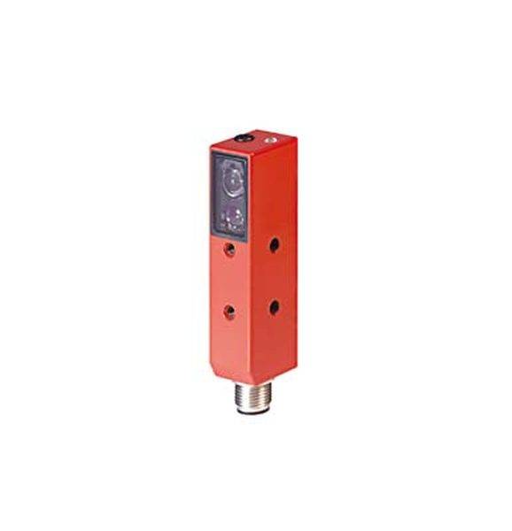 Roter, rechteckiger Sensor mit Anschlussgewinde unten. Verwendet für industrielle Anwendungen zur Erkennung von Objekten.
