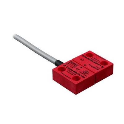 Roter Magnetischer Sicherheitssensor mit einem Kabelanschluss, verwendet zur Überwachung von Sicherheitsvorrichtungen in Maschinen.