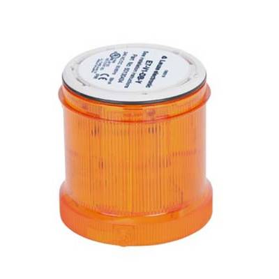 Ein orangefarbenes, zylindrisches Warnlicht mit gerippten Seiten. Oben sind Labels mit technischen Informationen sichtbar.