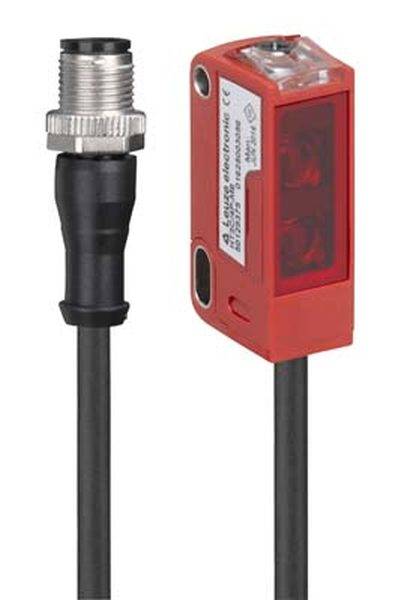 Beispielfoto eines roten optoelektronischen Sensors mit Kabelanschluss, verwendet zur Objekterkennung in Automatisierungssystemen.