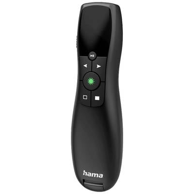 Ein schwarzer Präsentationsfernbediener mit Tasten für Vorwärts, Zurück, Start, Stop und integrierter Laserpointer in der Mitte.