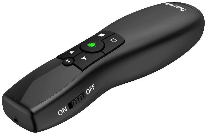 Laserpointer in Schwarz, mit Tasten für Ein/Aus und Steuerung. Ideal für Präsentationen.