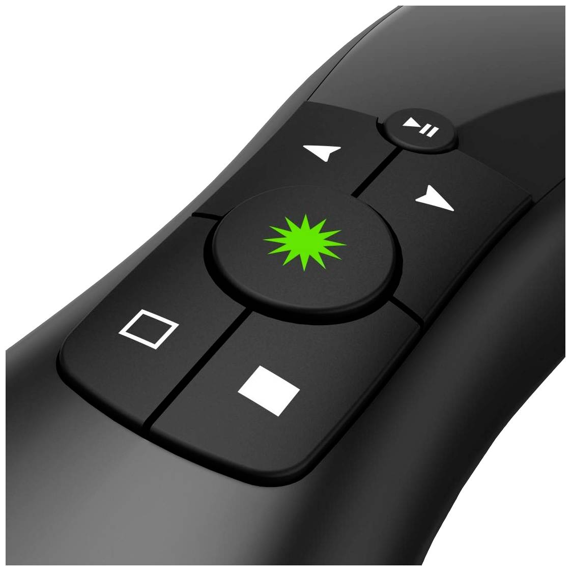 Fernbedienung mit Tasten für Präsentationssteuerung, zentralem grünem Laser-Pointer-Button und Navigationstasten.