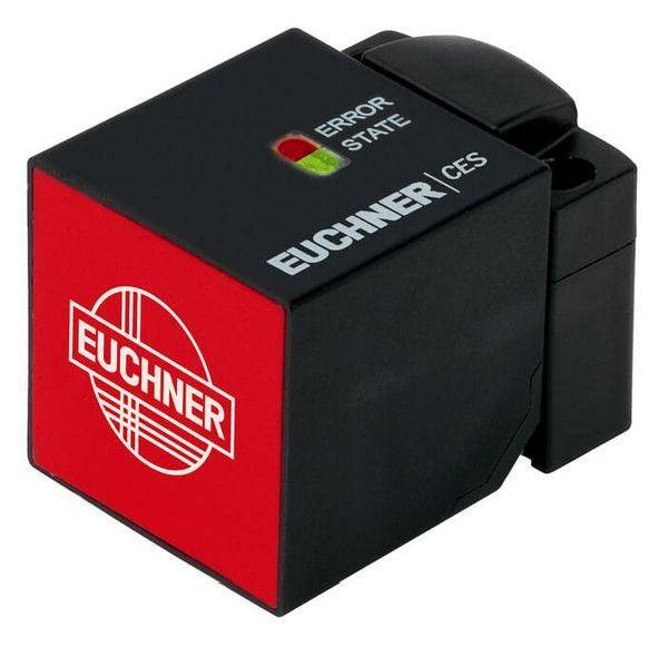 Schwarzes Sicherheitsmodul mit roter Vorderseite und 'Euchner CES' Logo. Zwei LEDs oben zeigen 'Error' und 'State' an.