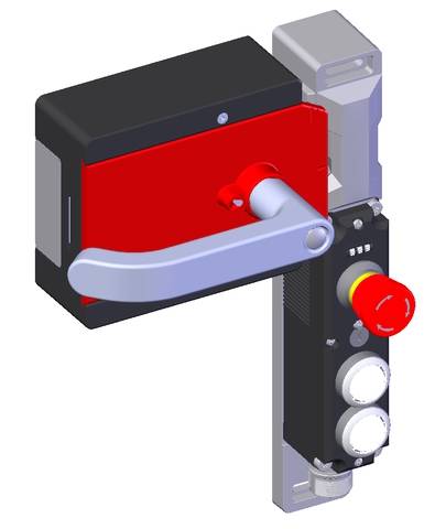 Ein rotes elektronisches Sicherheitsschloss mit Drehhebel und zwei weißen Knöpfen. Rechts daneben ein roter Not-Aus-Schalter.