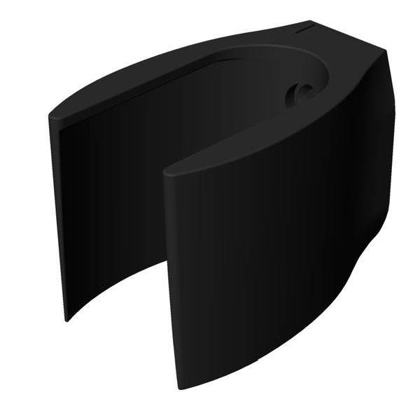Ein schwarzer, halbrunder Kunststoffhalter, vermutlich für ein Rohr oder ein Kabel.