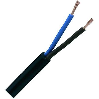 Ein Kabel mit zwei Kupferdrahtleitungen, eine in schwarzem und eine in blauem Isoliermantel, sichtbar am abgeschnittenen Ende.