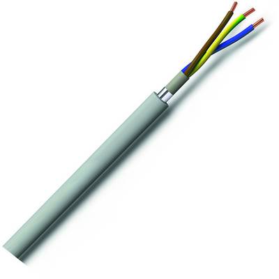 Ein graues elektrisches Kabel mit drei isolierten Innenleitern: braun, blau und grün-gelb. Verwendet zur Energieübertragung.