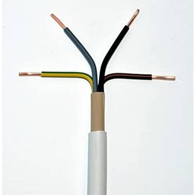 Ein elektrisches Kabel mit vier offenen, unterschiedlich farbigen Leitern. Die Farben sind Schwarz, Braun, Grau und Grün-Gelb.