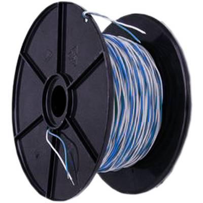 Eine schwarze Kabeltrommel mit weiß-blauem Kabel aufgerollt.