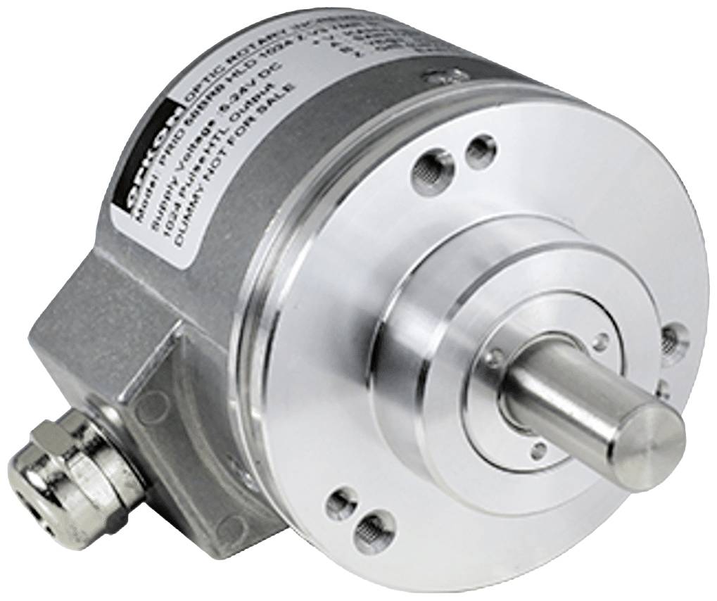 Ein silberner Drehgeber mit zylindrischem Sensor. Er hat eine metallene Achse und eine Kabelverbindung an der Seite.