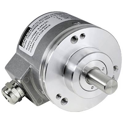 Ein silberner Drehgeber mit zylindrischem Sensor. Er hat eine metallene Achse und eine Kabelverbindung an der Seite.