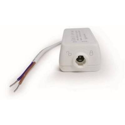 Weißes elektrisches Gerät mit einer Buchse vorne und zwei herausragenden Kabeln. Möglicherweise ein Adapter oder Konverter.