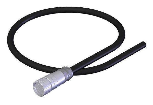 Ein schwarzer Schlauch mit einer Metallkupplung am Ende, dargestellt in einer kreisförmigen Schleife.