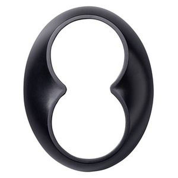 Ein ovaler, schwarzer Ring mit einer geschwungenen Innenlinie, die symmetrische Formen auf beiden Seiten bildet.