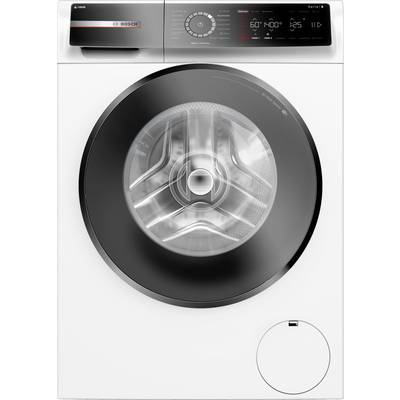 Moderne Waschmaschine mit digitalem Display, Bedienknöpfen und großer runder Tür. Bosch-Logo sichtbar oben links.