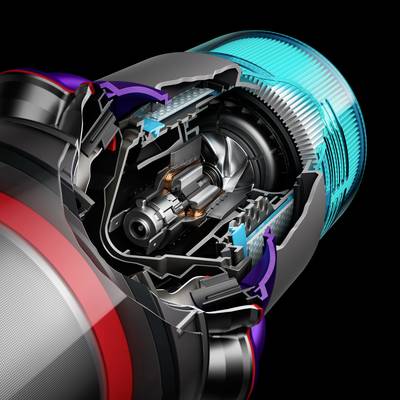 Querschnitt eines Staubsaugers mit sichtbarem Motor und Filtern, umgeben von einem transparenten Gehäuse, das seine Technologie zeigt.
