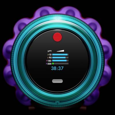 Luftreinigungsanzeige mit Farbskala zeigt Staubpartikelkonzentration in Mikrometern an. Digitalanzeige zeigt Wert von 38:37.