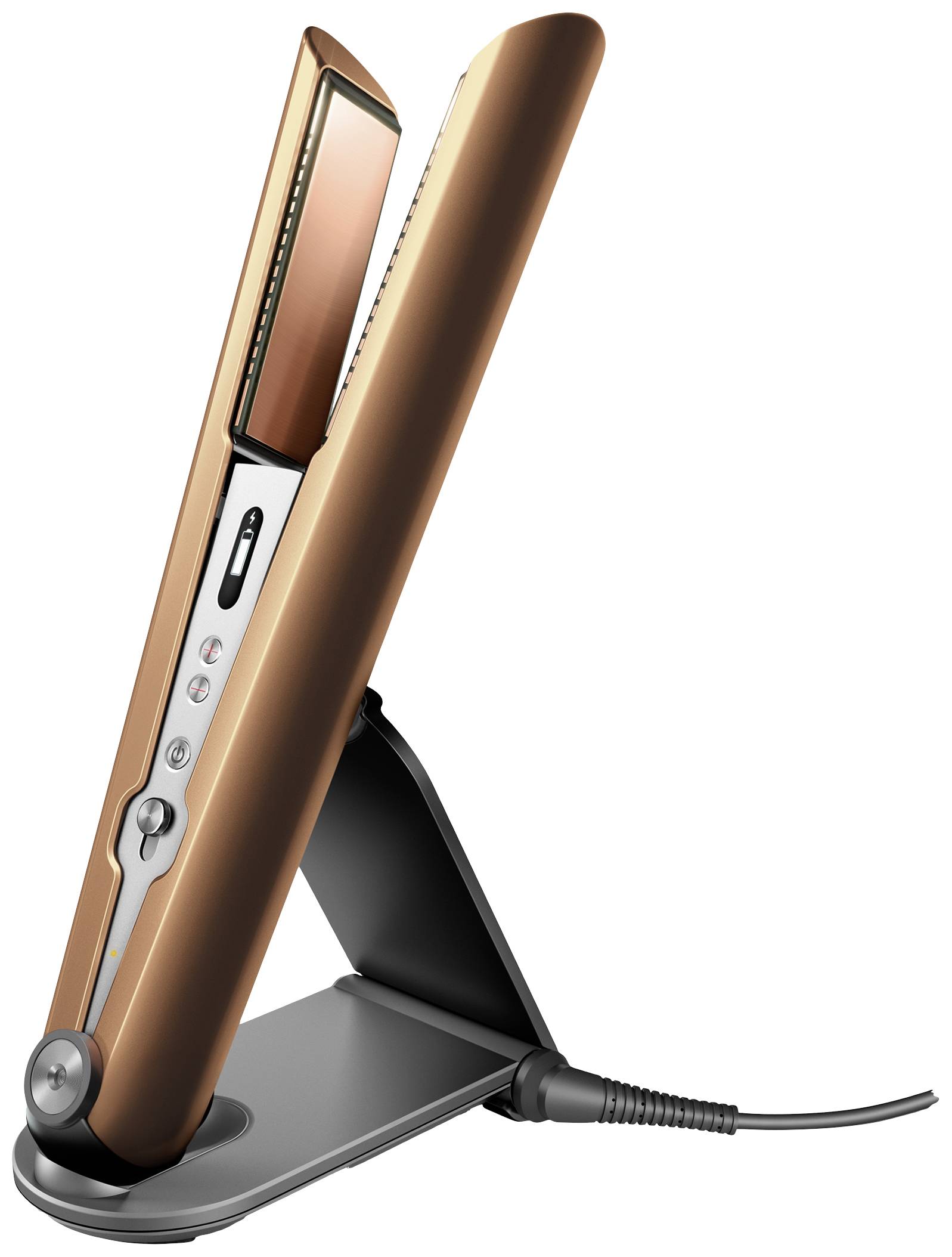 'Goldenes kabelloses Haarglätteisen-Modell auf Ladestation, betont moderne schmale Form und technische Funktionalität.'
