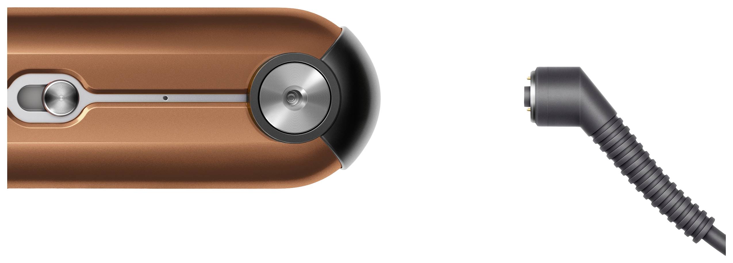 Elektrischer Rasierer in Bronze und schwarz, mit seitlich angebrachtem Schalter. Abnehmbarer schwarzer Ladekabelaufsatz rechts.