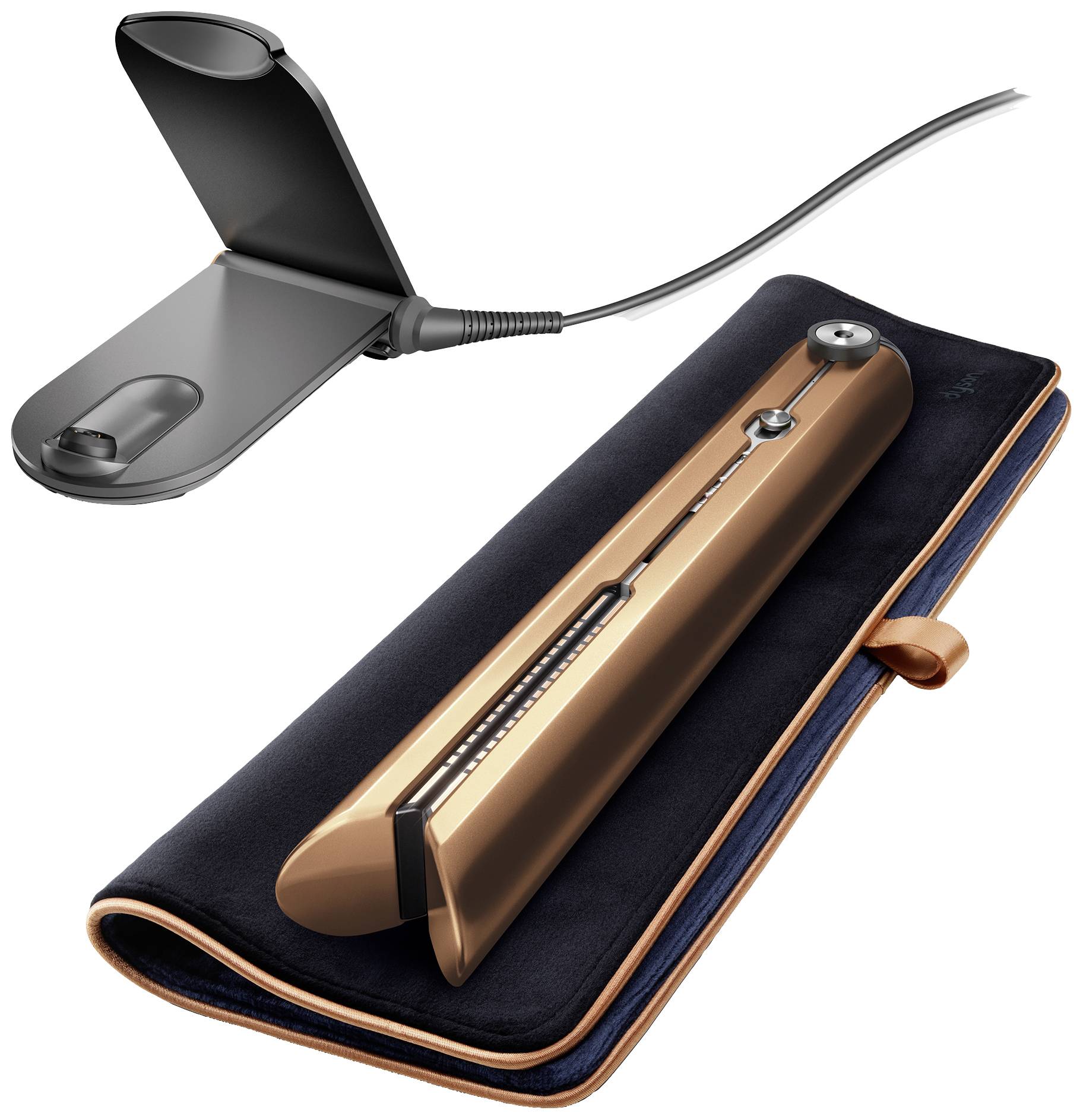 Bronzefarbener Haarglätter mit schlankem Design auf dunkler Tasche. Kabel und Steckerteil im Hintergrund sichtbar.