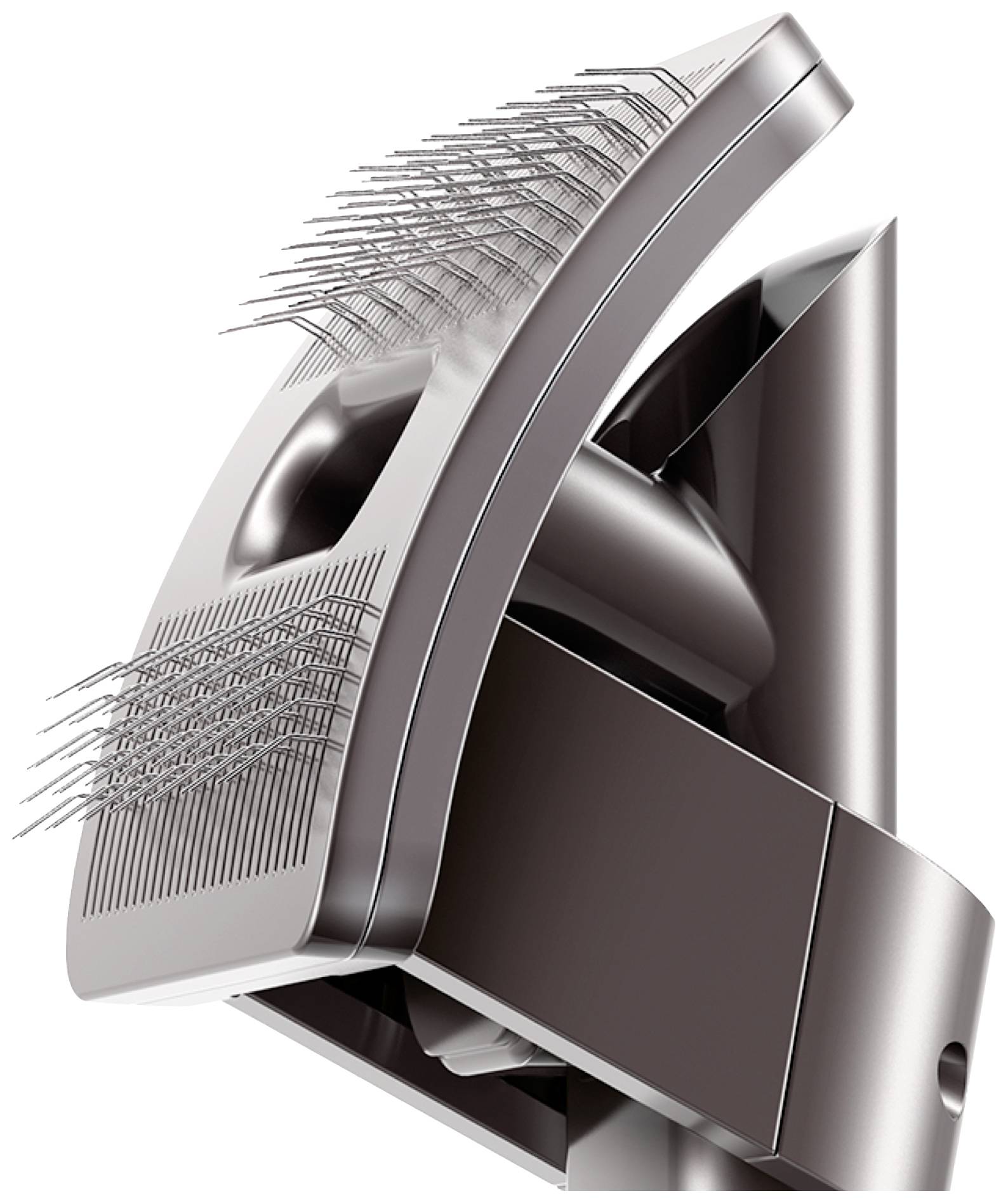 Ein moderner, metallischer Haarstyler mit biegsamen Borsten und gebogenem Design, ermöglicht ein schonendes Glätten der Haare.