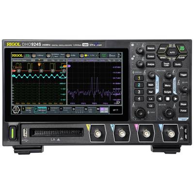 Digitales Oszilloskop RIGOL DS4024 mit Bildschirm zeigt zwei Signalformen; links periodische Wellenform, rechts Spektrum mit Spitzen.