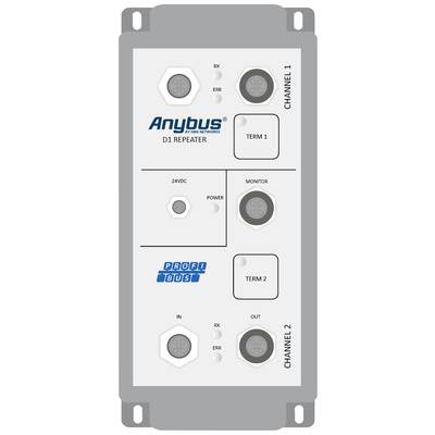 Industriegerät zur Datenübertragung mit Anschlüssen, Schaltern und LED-Anzeigen. Beschriftet mit 'Anybus D1 Repeater' und 'ProfiBus'.