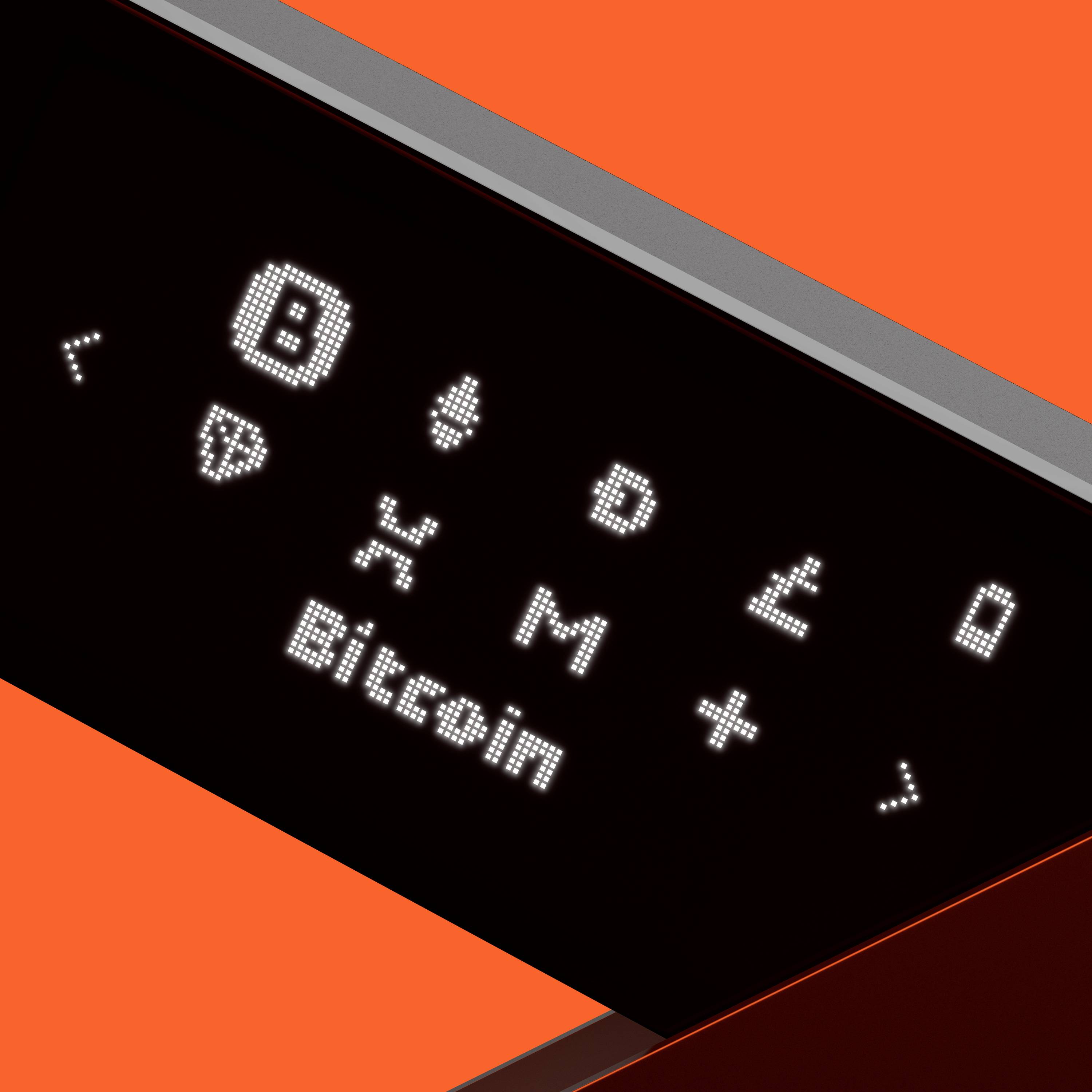 Ein Bildschirm zeigt das Wort 'Bitcoin' mit verschiedenen Icons auf schwarzem Hintergrund. Der orange Hintergrund verleiht einen Kontrast.