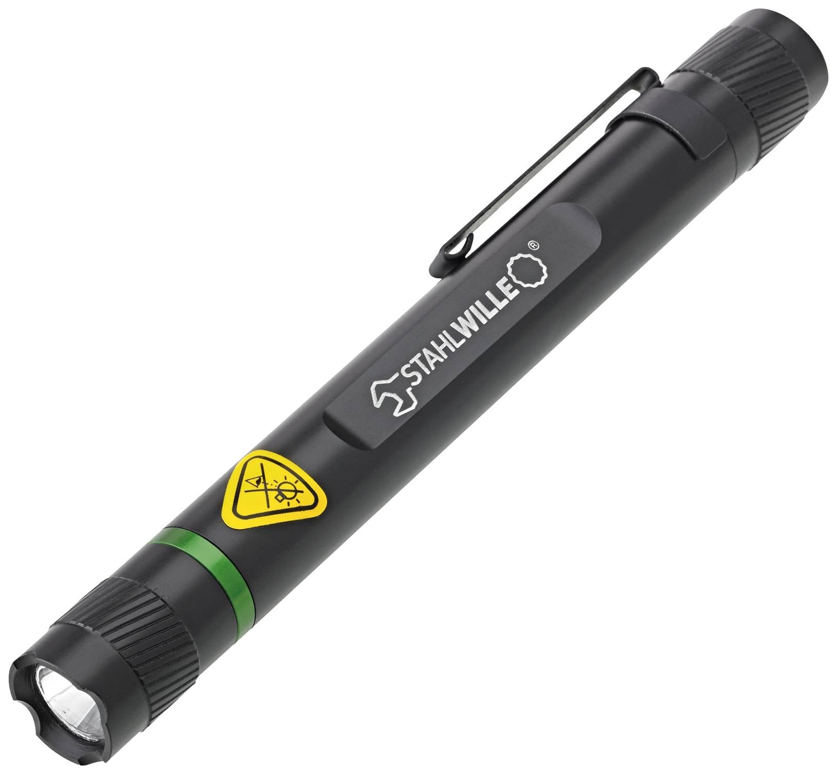 Eine schwarze Taschenlampe mit Clip und Warnsymbol. Markenname 'Stahlwille' aufgedruckt. Geeignet für präzise Beleuchtung.