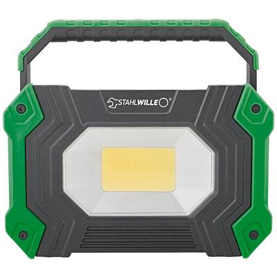 Tragbare, rechteckige LED-Arbeitsleuchte mit grün-schwarzer Gummihülle und Griff. Markenlogo 'STAHWILLE' auf der Vorderseite.